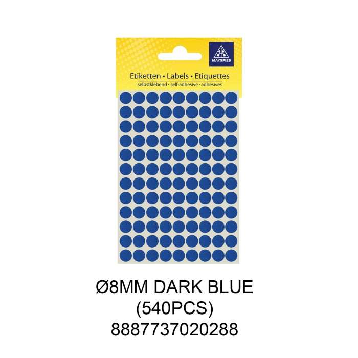 MAYSPIES MS008 COLOUR DOT LABEL / 5 SHEETS/PKT / 540PCS / ROUND 8MM DARK BLUE